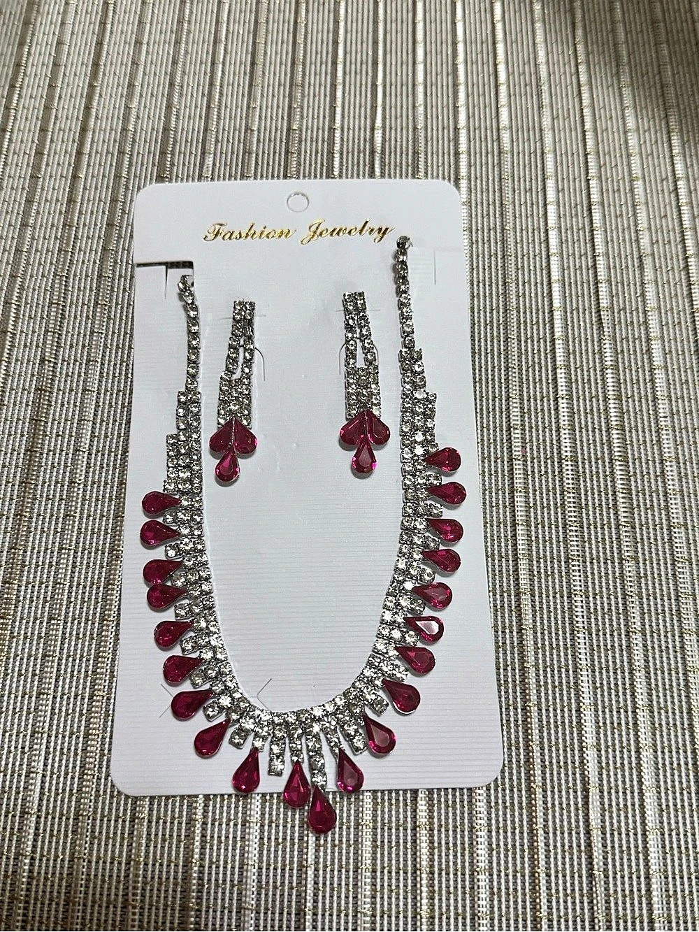 Rhinestone Necklace & Earrings in Silver & Pink NWT